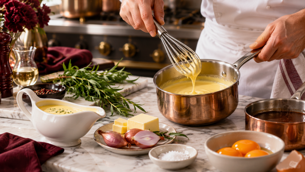 Chef maakt een klassieke romige saus met een garde in een professionele keuken